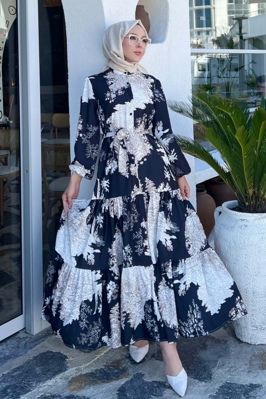 Desenli Tesettür Elbise Siyah 508 Desenli Tesettür Elbise Siyah 508