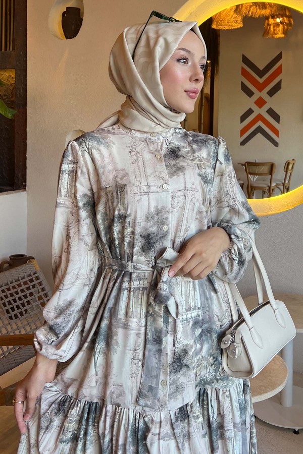 Desenli Tesettür Elbise Çağla 510