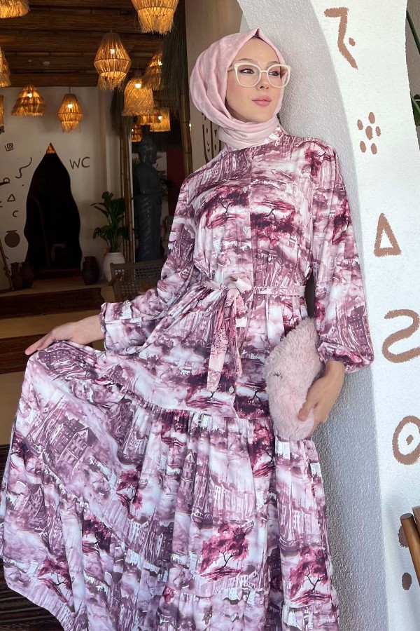 Desenli Tesettür Elbise Bordo 512 Desenli Tesettür Elbise Bordo 512