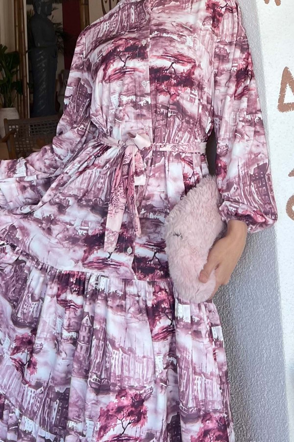 Desenli Tesettür Elbise Bordo 512 Desenli Tesettür Elbise Bordo 512