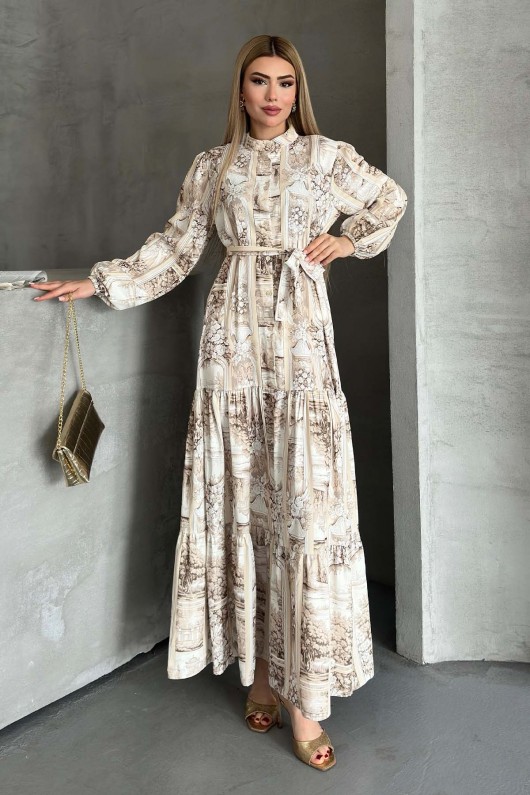 Desenli Tesettür Elbise Bej 507-1 Desenli Tesettür Elbise Bej 507-1