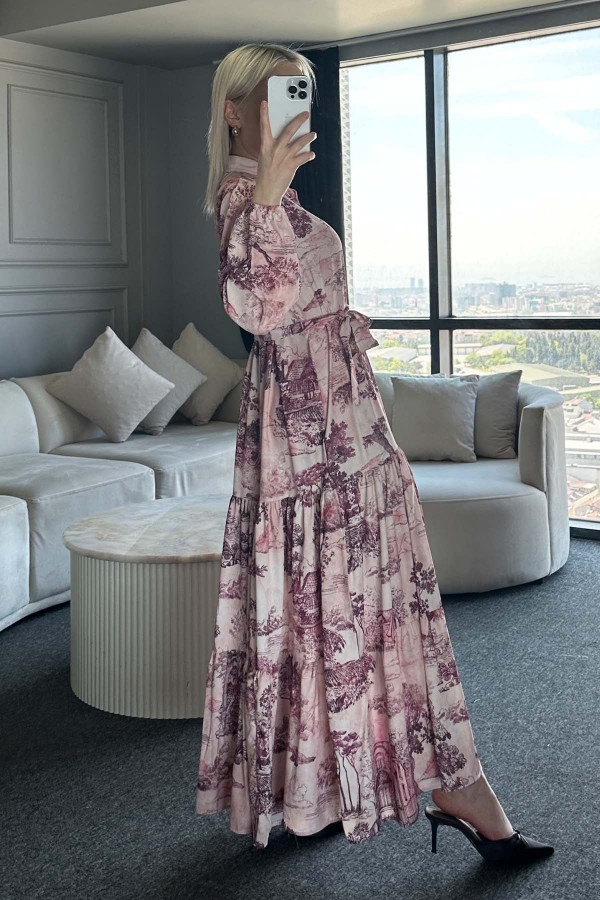Desenli Tesettür Elbise Bordo 505-1 Desenli Tesettür Elbise Bordo 505-1