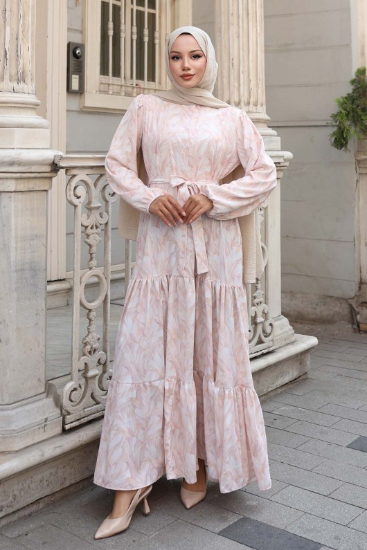 Desenli Tesettür Elbise Pudra 533 Desenli Tesettür Elbise Pudra 533