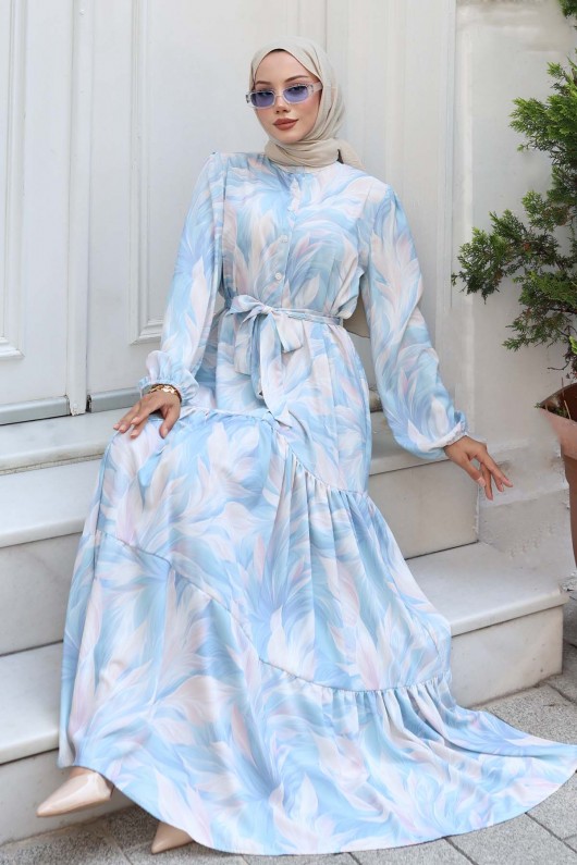 Desenli Tesettür Elbise Turkuaz 534 Desenli Tesettür Elbise Turkuaz 534