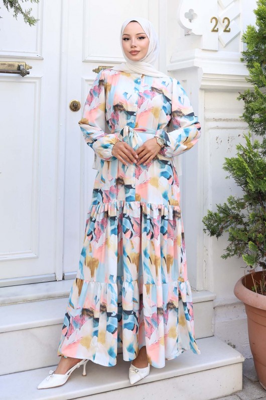 Desenli Tesettür Elbise Pudra 539 Desenli Tesettür Elbise Pudra 539