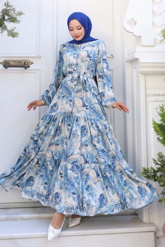 Desenli Tesettür Elbise Mavi 546 Desenli Tesettür Elbise Mavi 546