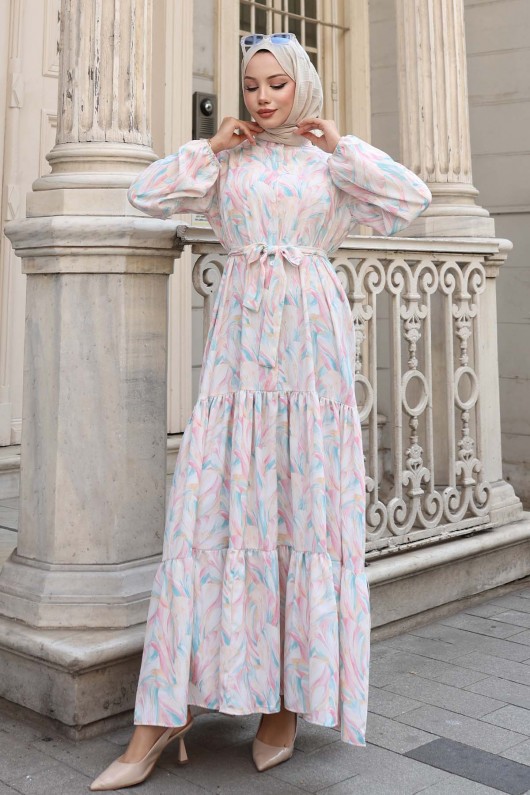 Desenli Tesettür Elbise Pudra 547 Desenli Tesettür Elbise Pudra 547