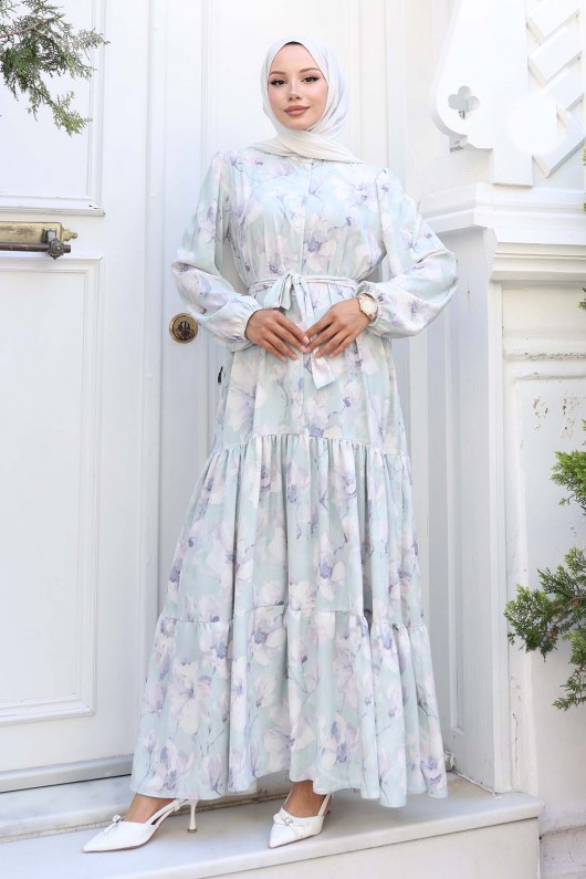 Desenli Tesettür Elbise Mint Yeşili 550 Desenli Tesettür Elbise Mint Yeşili 550