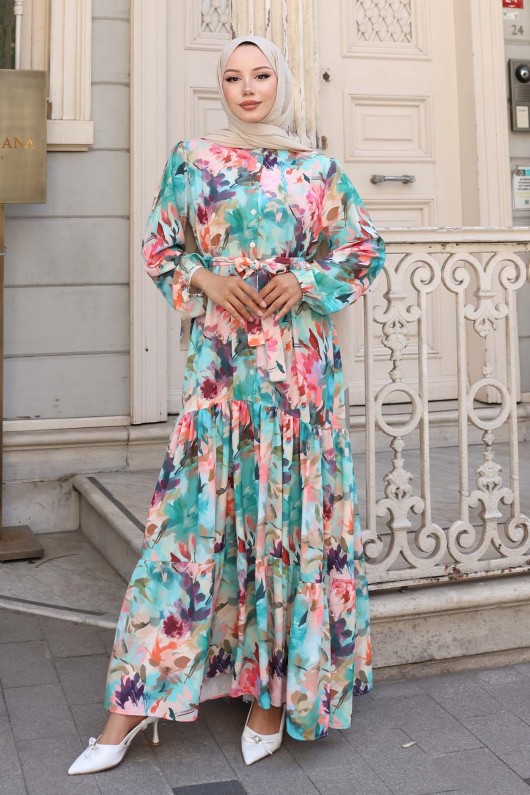 Desenli Tesettür Elbise Fuşya 551 Desenli Tesettür Elbise Fuşya 551