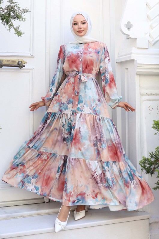 Desenli Tesettür Elbise Kiremit 518 Desenli Tesettür Elbise Kiremit 518