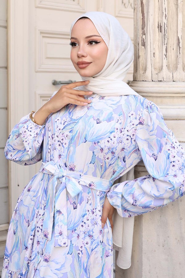 Desenli Tesettür Elbise Lila 555 Desenli Tesettür Elbise Lila 555