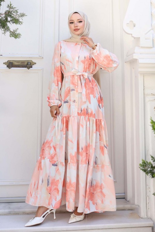 Desenli Tesettür Elbise Somon 558 Desenli Tesettür Elbise Somon 558