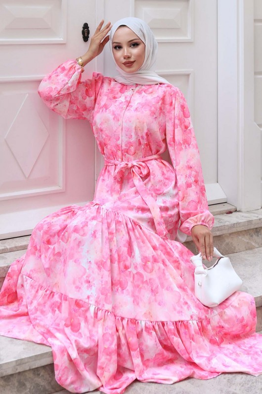 Desenli Tesettür Elbise Pembe 525 Desenli Tesettür Elbise Pembe 525