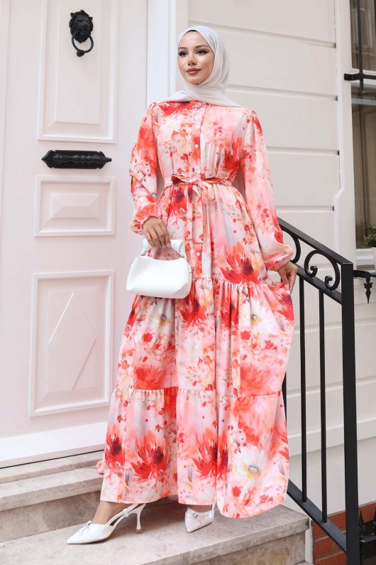 Desenli Tesettür Elbise Somon 526 Desenli Tesettür Elbise Somon 526