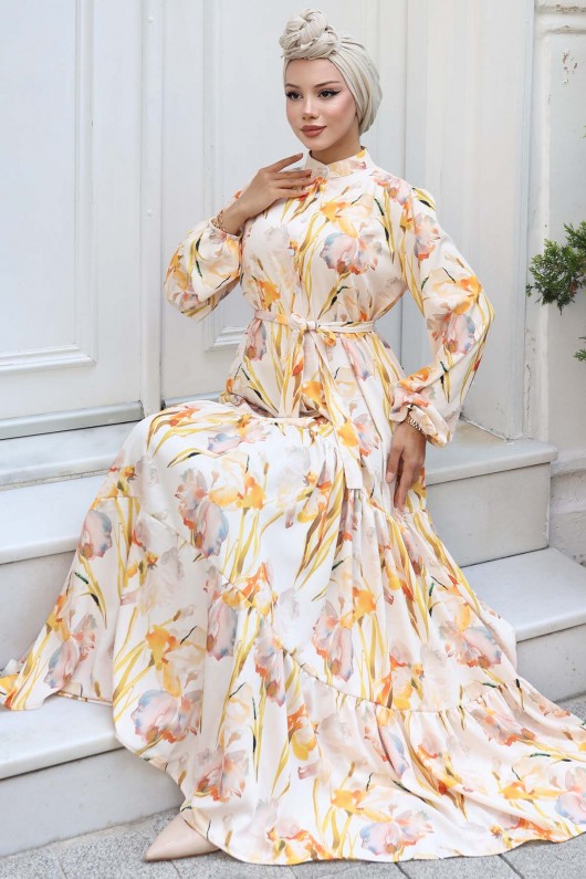 Desenli Tesettür Elbise Sarı 529 Desenli Tesettür Elbise Sarı 529