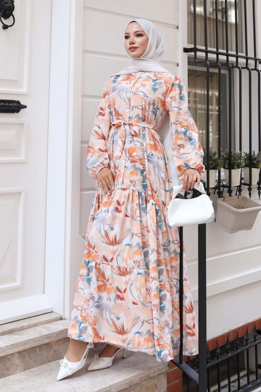 Desenli Tesettür Elbise Kiremit 531 Desenli Tesettür Elbise Kiremit 531