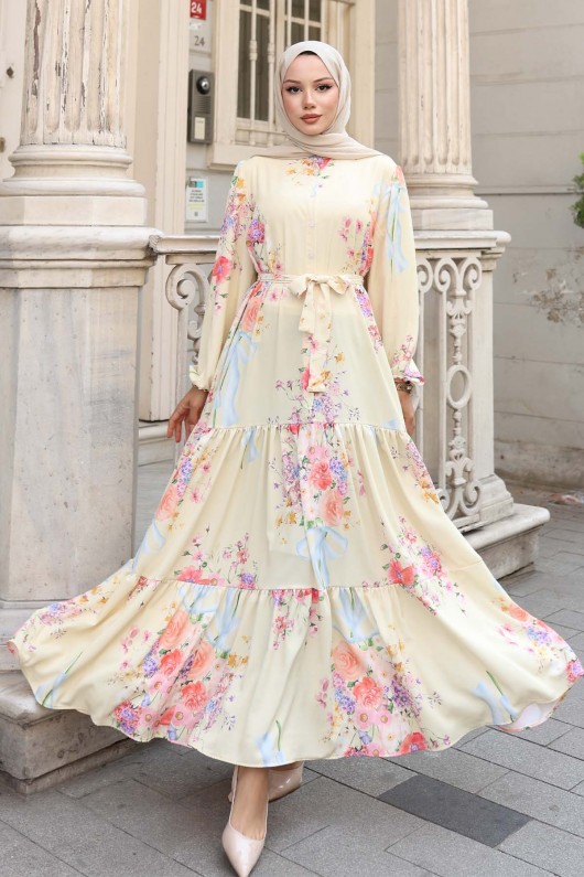 Desenli Tesettür Elbise Limon Sarısı 513 Desenli Tesettür Elbise Limon Sarısı 513