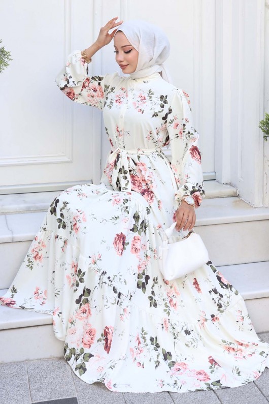 Desenli Tesettür Elbise Ekru 517