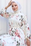 Desenli Tesettür Elbise Ekru 517 Desenli Tesettür Elbise Ekru 517