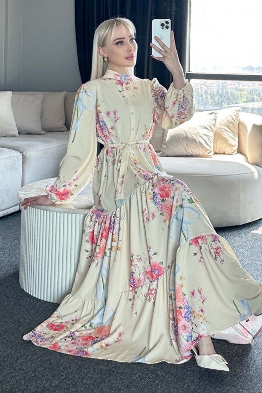 Desenli Tesettür Elbise Limon Sarısı 513-1 Desenli Tesettür Elbise Limon Sarısı 513-1