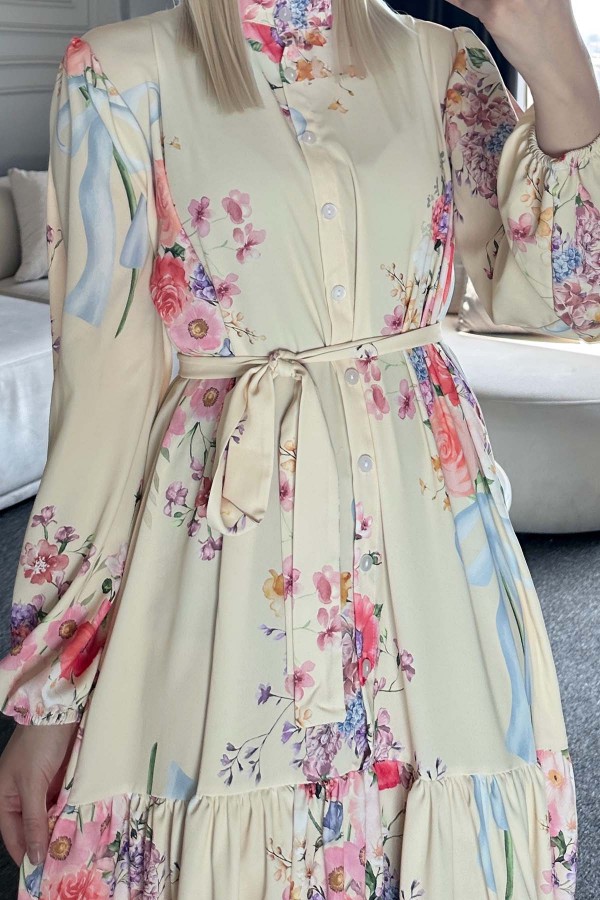 Desenli Tesettür Elbise Limon Sarısı 513-1