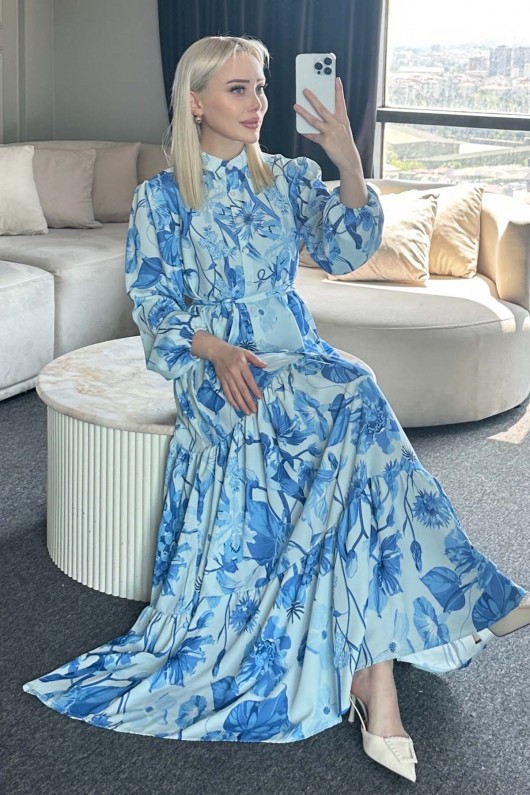 Desenli Tesettür Elbise Mavi 514-1 Desenli Tesettür Elbise Mavi 514-1