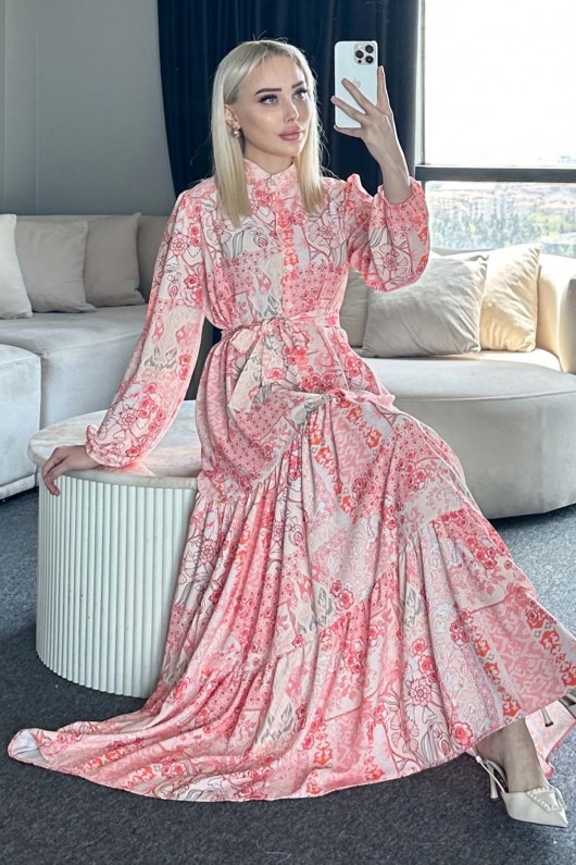 Desenli Tesettür Elbise Somon 520-1 Desenli Tesettür Elbise Somon 520-1