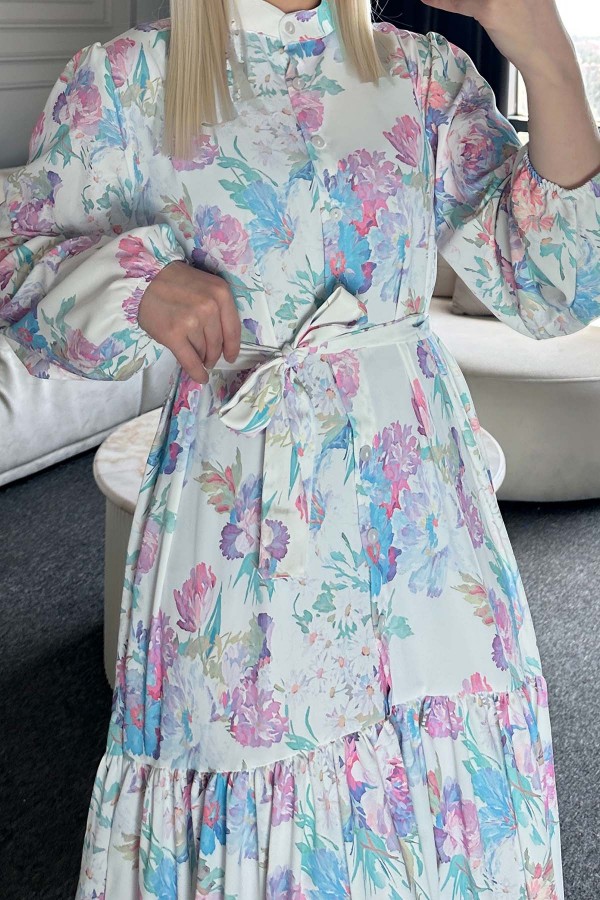 Desenli Tesettür Elbise Lila 521-1