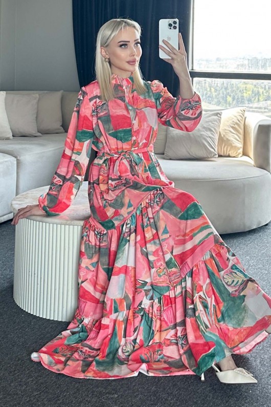 Desenli Tesettür Elbise Yeşil 522-1