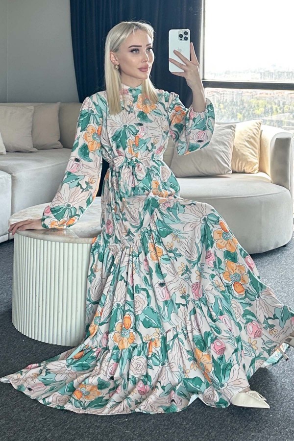 Desenli Tesettür Elbise Yeşil 523-1 Desenli Tesettür Elbise Yeşil 523-1