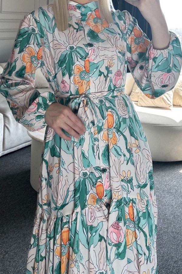 Desenli Tesettür Elbise Yeşil 523-1 Desenli Tesettür Elbise Yeşil 523-1