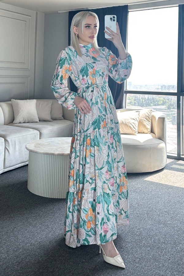 Desenli Tesettür Elbise Yeşil 523-1 Desenli Tesettür Elbise Yeşil 523-1