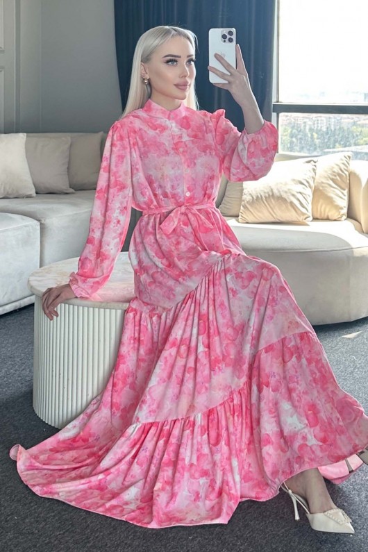 Desenli Tesettür Elbise Pembe 525-1 Desenli Tesettür Elbise Pembe 525-1
