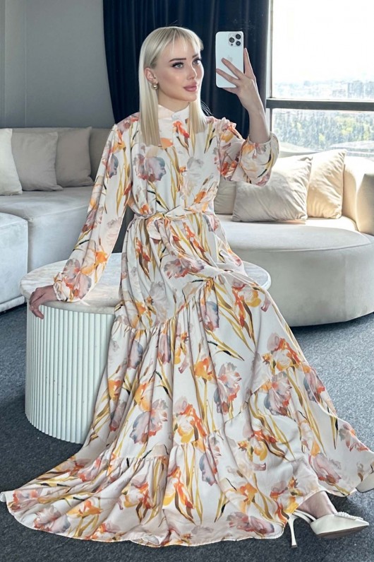 Desenli Tesettür Elbise Sarı 529-1 Desenli Tesettür Elbise Sarı 529-1