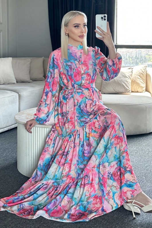 Desenli Tesettür Elbise Pembe 530-1 Desenli Tesettür Elbise Pembe 530-1