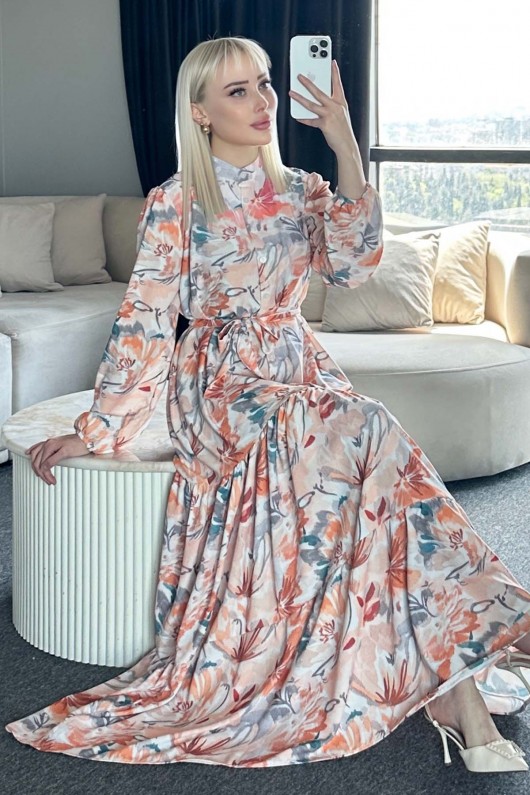 Desenli Tesettür Elbise Kiremit 531-1 Desenli Tesettür Elbise Kiremit 531-1