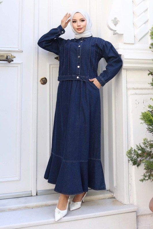 Düğmeli Ceketli Etekli Kot Takım Lacivert 2105