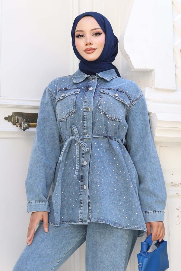 Taş Detaylı Bağlamalı Takım Mavi 373 Taş Detaylı Bağlamalı Takım Mavi 373