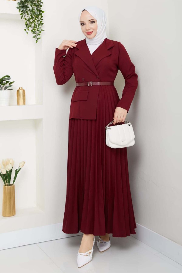 Piliseli Elbise Bordo 4747 Piliseli Elbise Bordo 4747
