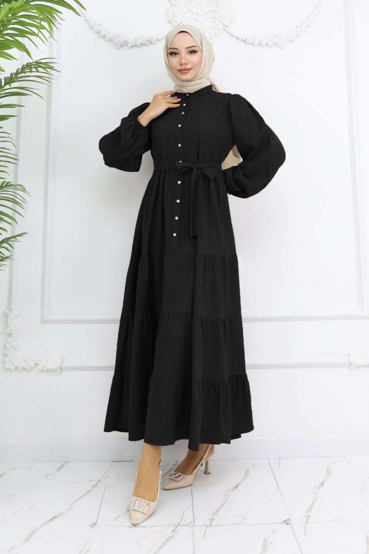 Taşlı Düğmeli Hakim Yaka Tesettür Elbise Siyah 2268 Taşlı Düğmeli Hakim Yaka Tesettür Elbise Siyah 2268