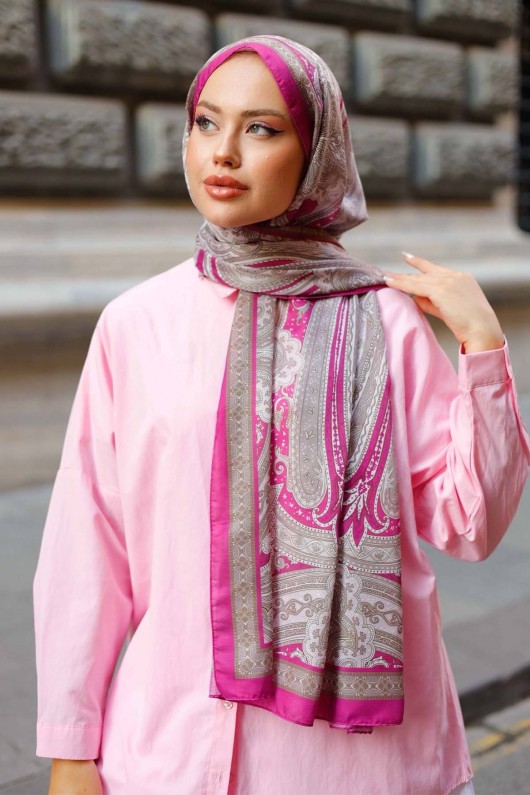 Etnik Desenli Pamuk Şal Fuşya İpk100