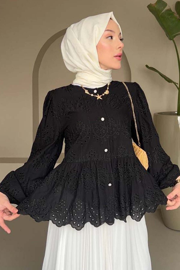 Düğme Detaylı Brode Gömlek Siyah 5003
