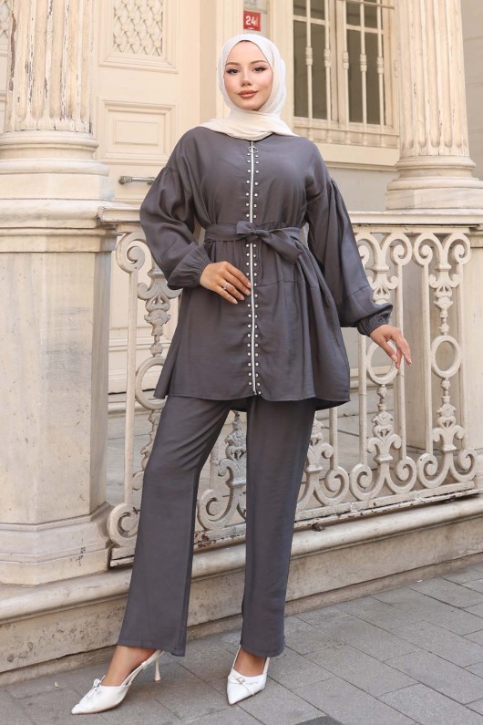 Taş Detaylı İkili Takım Antrasit 4877
