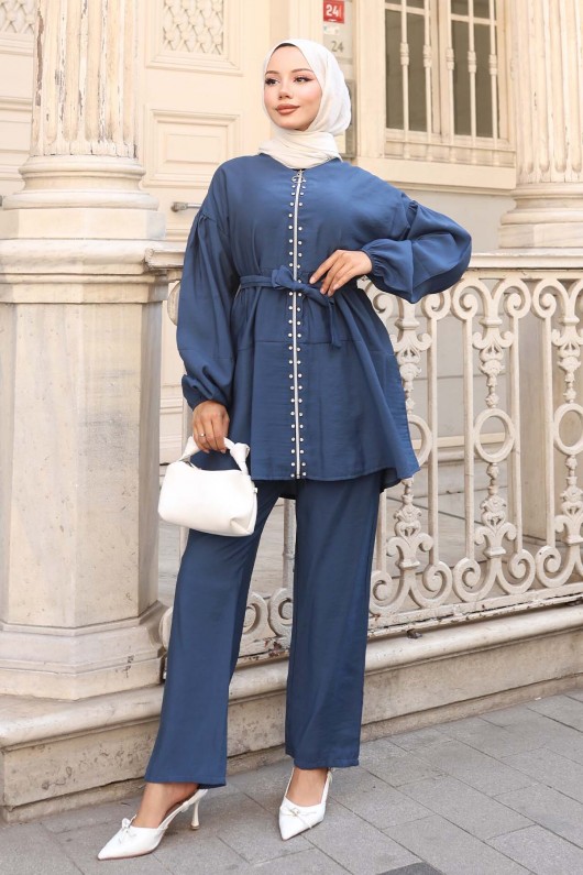 Taş Detaylı İkili Takım İndigo 4877