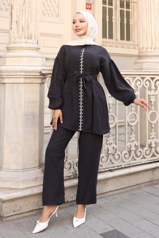 Taş Detaylı İkili Takım Siyah 4877