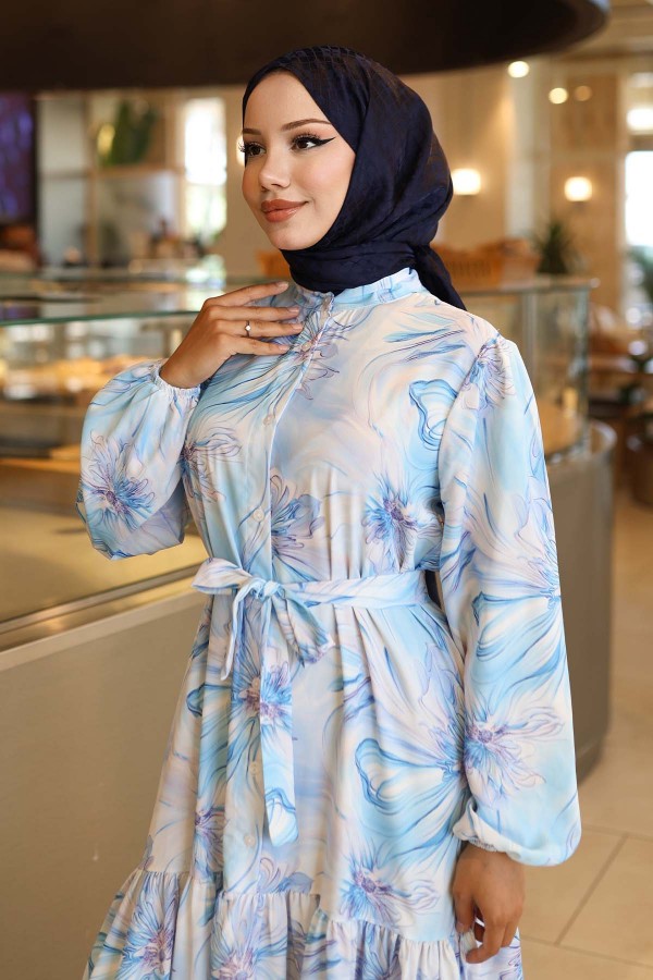 Desenli Tesettür Elbise Mavi 560