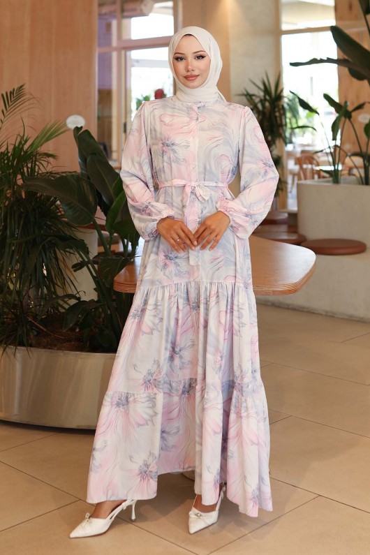 Desenli Tesettür Elbise Pembe 560 Desenli Tesettür Elbise Pembe 560