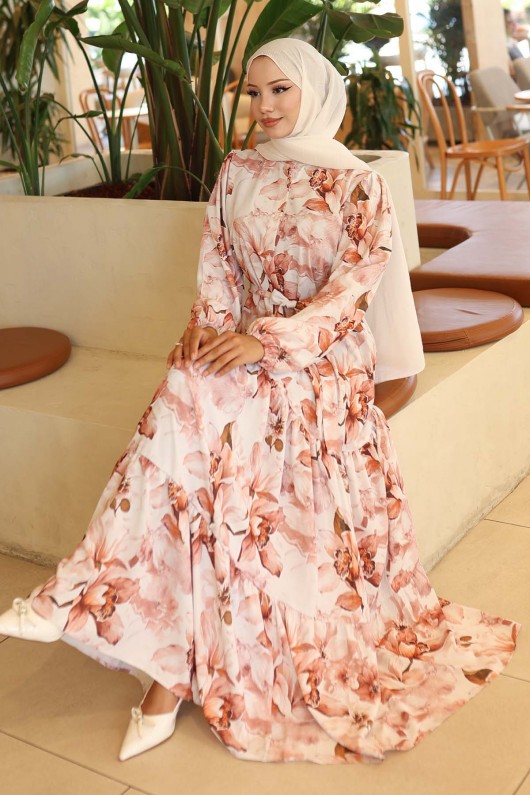 Desenli Tesettür Elbise Kiremit 561 Desenli Tesettür Elbise Kiremit 561