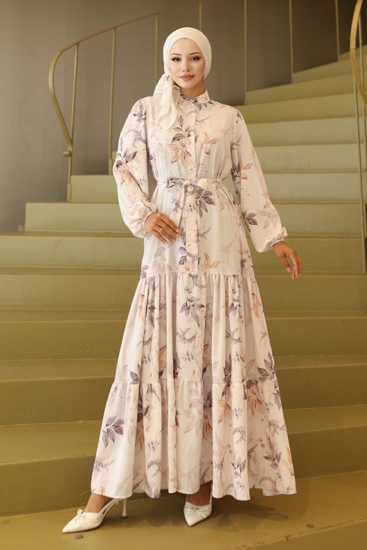 Desenli Tesettür Elbise Bej 562 Desenli Tesettür Elbise Bej 562