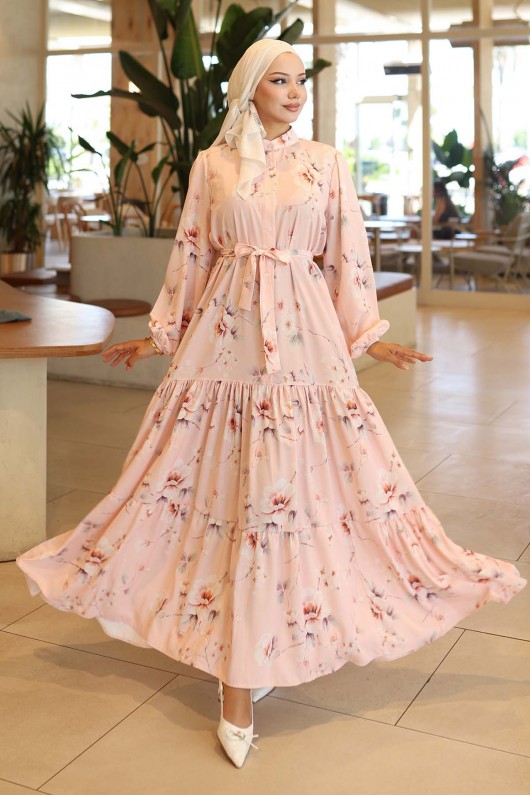 Desenli Tesettür Elbise Pudra 563 Desenli Tesettür Elbise Pudra 563
